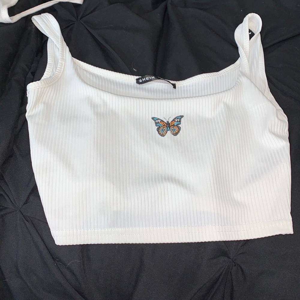 white shein top with butterfly